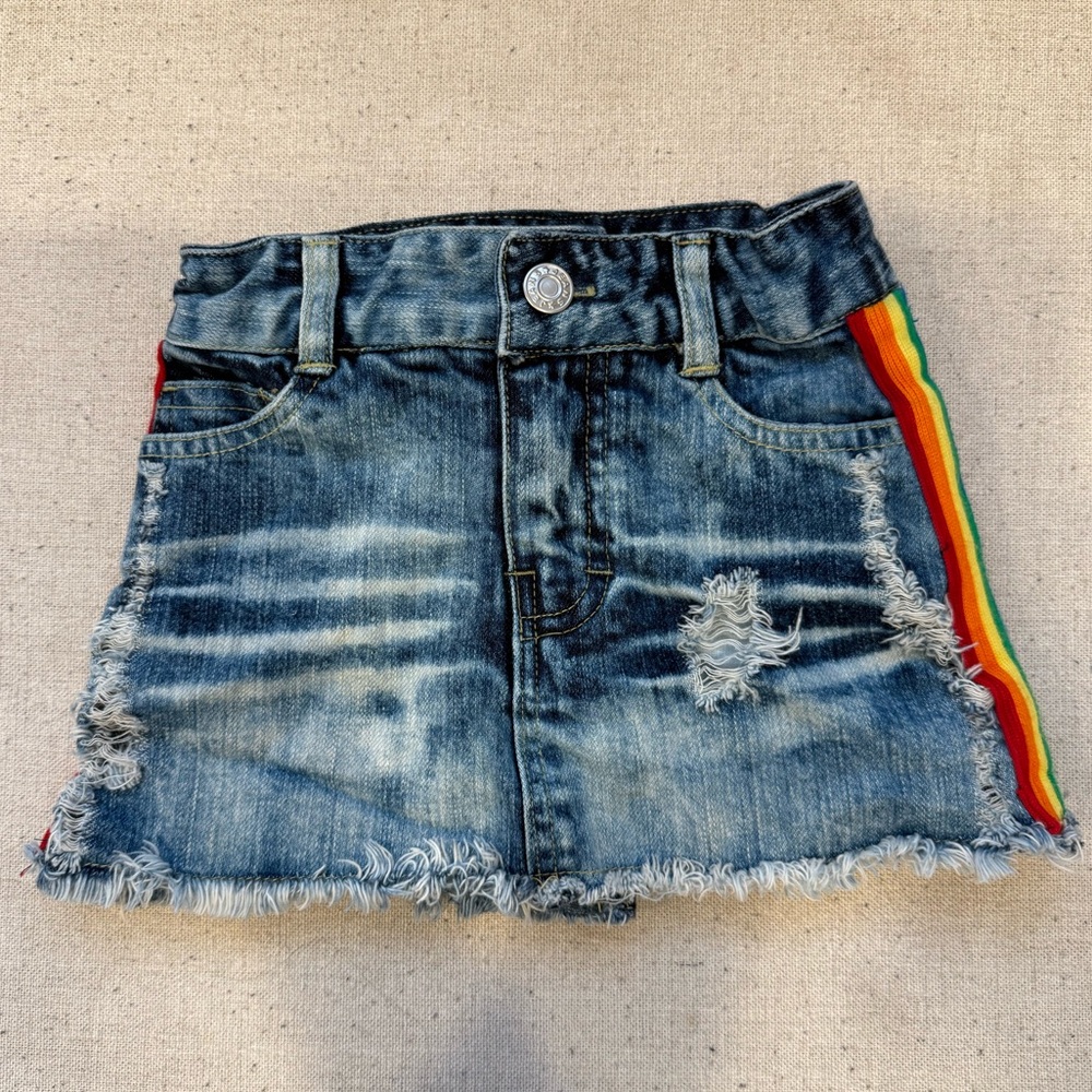 Flowers by Zoe Distressed Denim Skirt with Rainbow Stripes Down the Side